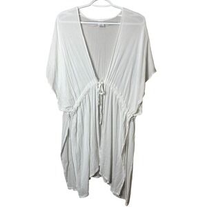 White Rayon Swim Cover Up Kimono Boho Beach Coastal Cowgirl Drawstring L/XL